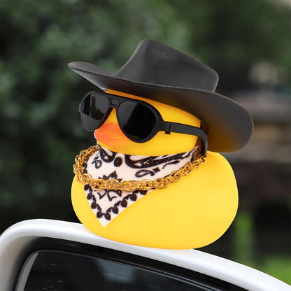 Car Rubber Duck, Yellow Duck Decoration Dashboard with Sun Hat Necklace Sunglasses for Car Dashboard Decorations, C-Duck-Black Cowboy Hat-Scarf