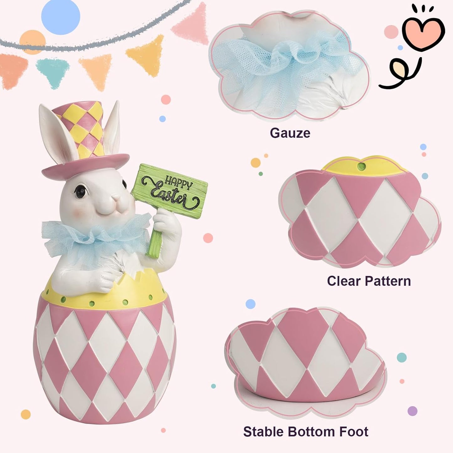 Easter Pink Plaid Bunny Egg Statue - 10.4" Resin Table Centerpiece