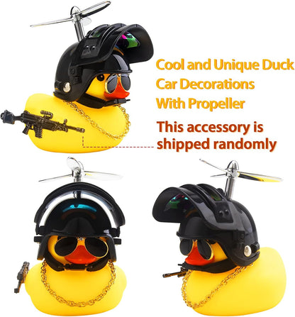 Rubber Duck Car Ornaments Cool Yellow Duck Car Dashboard Decorations Squeaky Glasses Duck with Propeller Helmet for Car ccessories Dashboard (Full_Black-Yellow G)