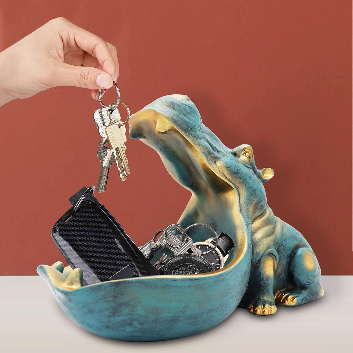 aboxoo Hippo Statue Candy Dish, Funny Storage Key Bowl for Table, Dark Blue