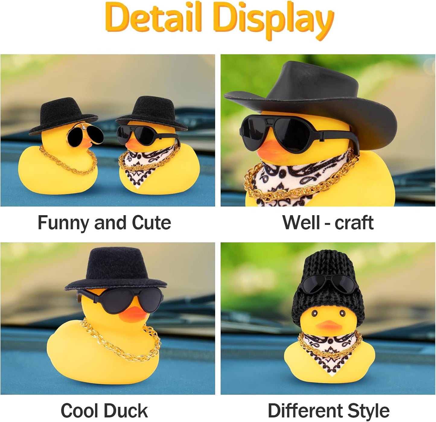 Car Rubber Duck, Yellow Duck Decoration Dashboard with Sun Hat Necklace Sunglasses for Car Dashboard Decorations, C-Duck-Black Cowboy Hat-Scarf
