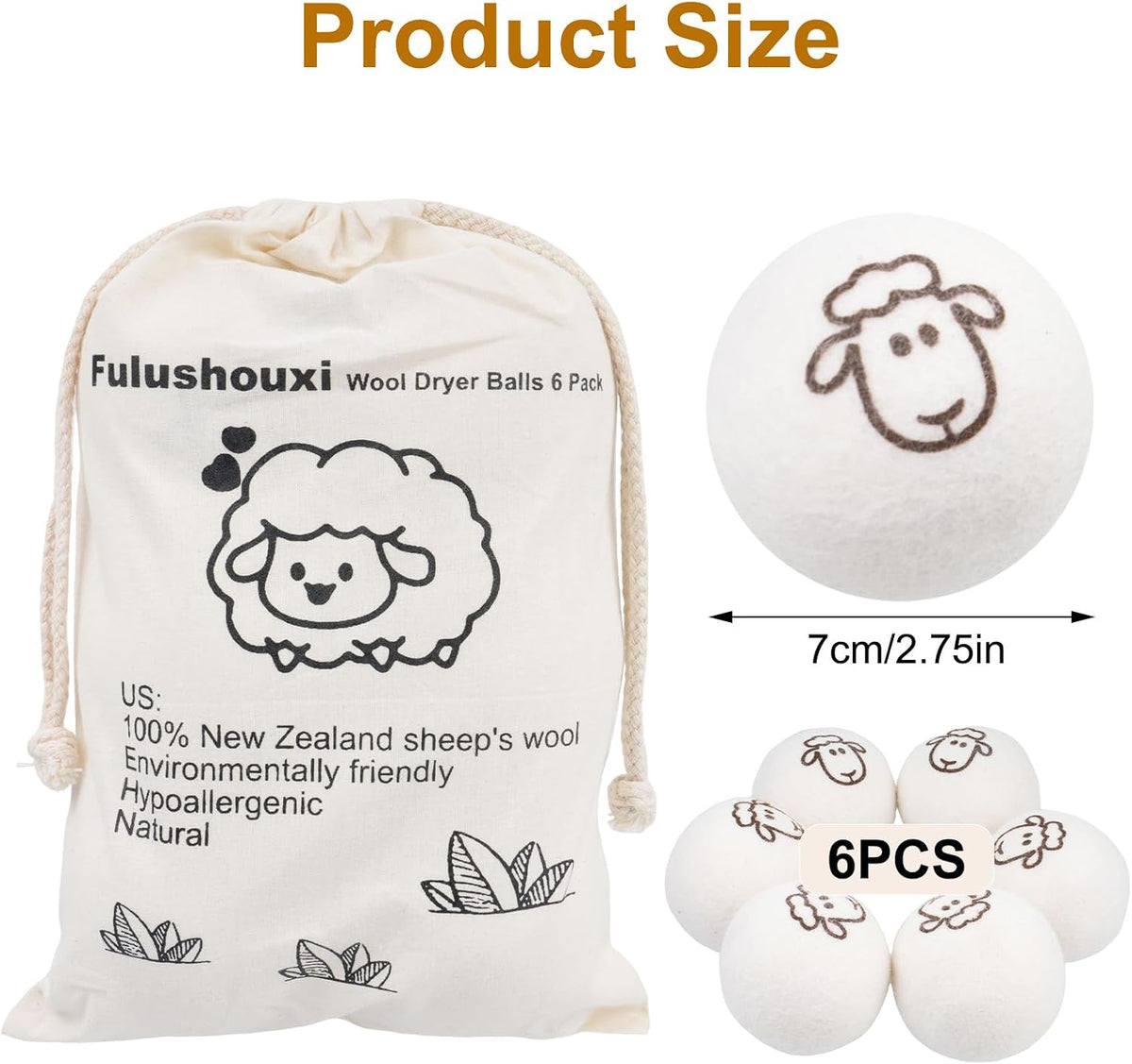 Wool Dryer Balls, Set of 6 with Storage Bag