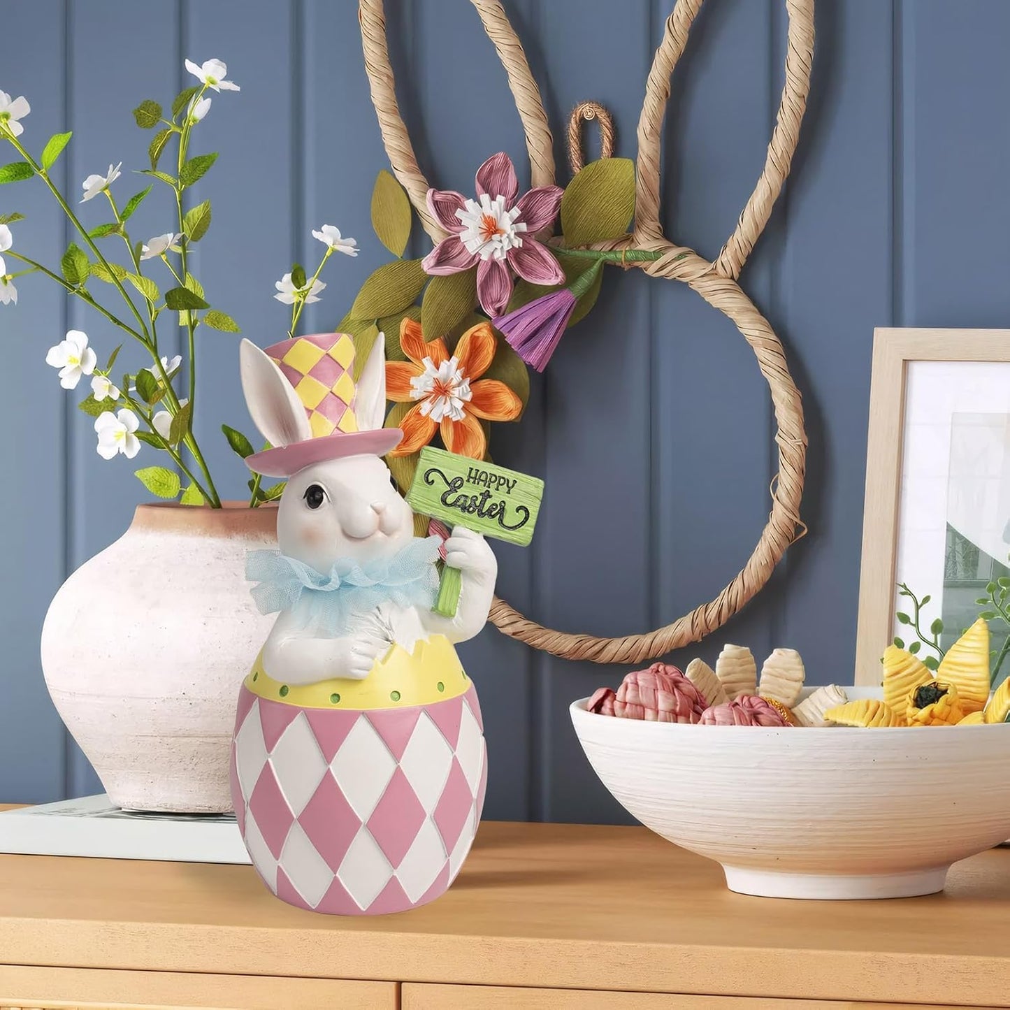 Easter Pink Plaid Bunny Egg Statue - 10.4" Resin Table Centerpiece
