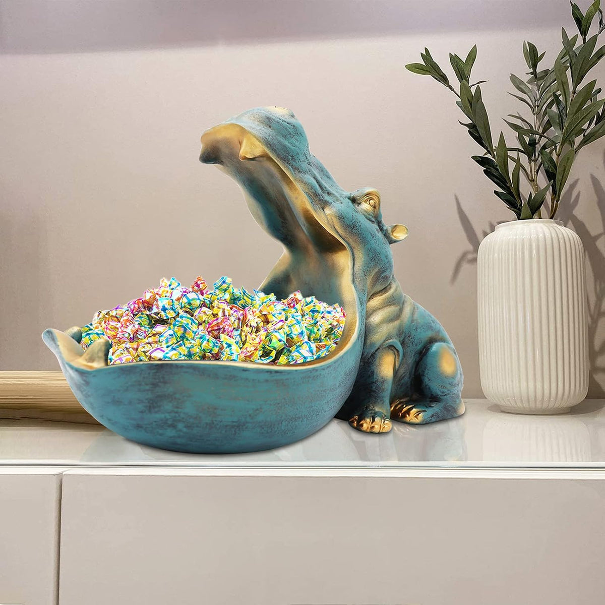 aboxoo Hippo Statue Candy Dish, Funny Storage Key Bowl for Table, Dark Blue