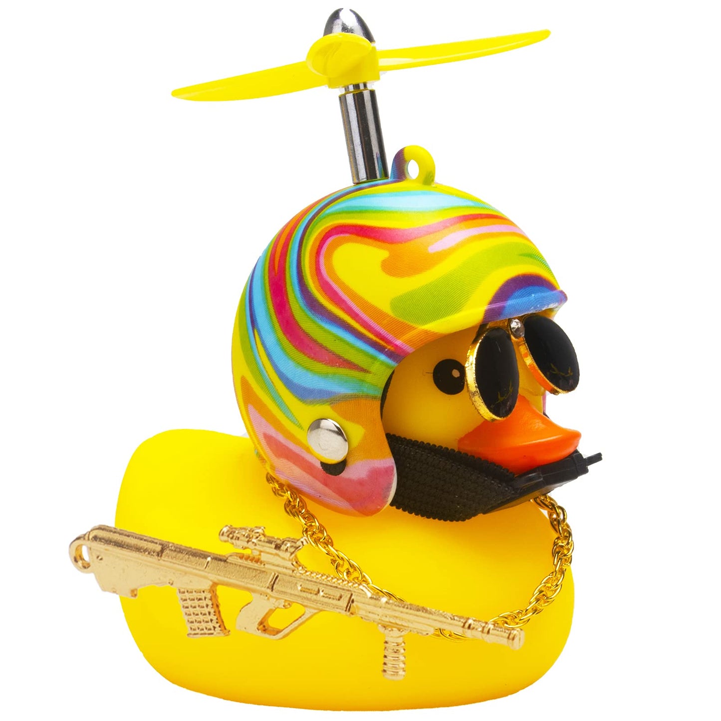 Rubber Duck Car Ornaments Cool Yellow Duck Car Dashboard Decorations Squeaky Glasses Duck with Propeller Helmet for Car ccessories Dashboard (Full_Black-Yellow G)