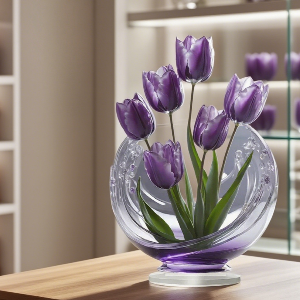 Violeta purple tulip acrylic ornament on a wooden surface