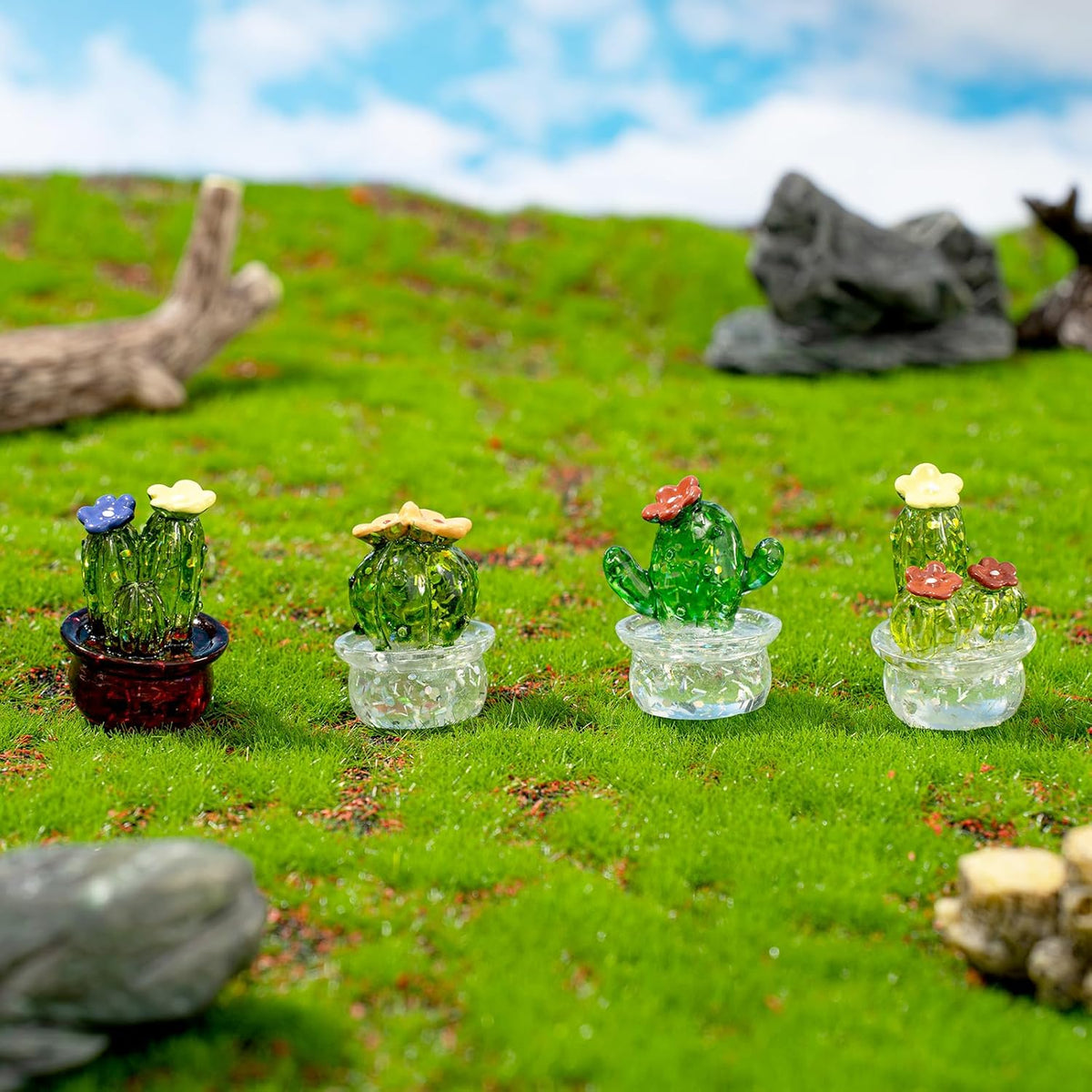 4PCS Crystal Cactus Decor - Cute Car Dashboard Ornaments for Home & Office