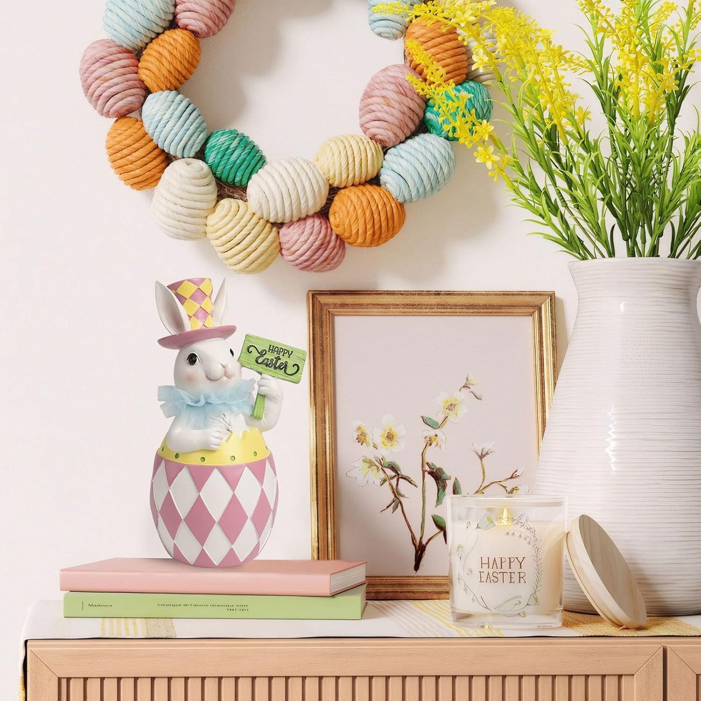 Easter Pink Plaid Bunny Egg Statue - 10.4" Resin Table Centerpiece