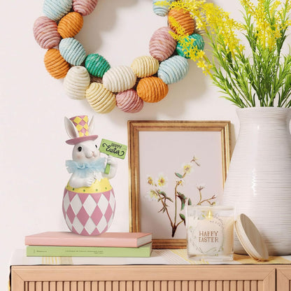 Easter Pink Plaid Bunny Egg Statue - 10.4" Resin Table Centerpiece