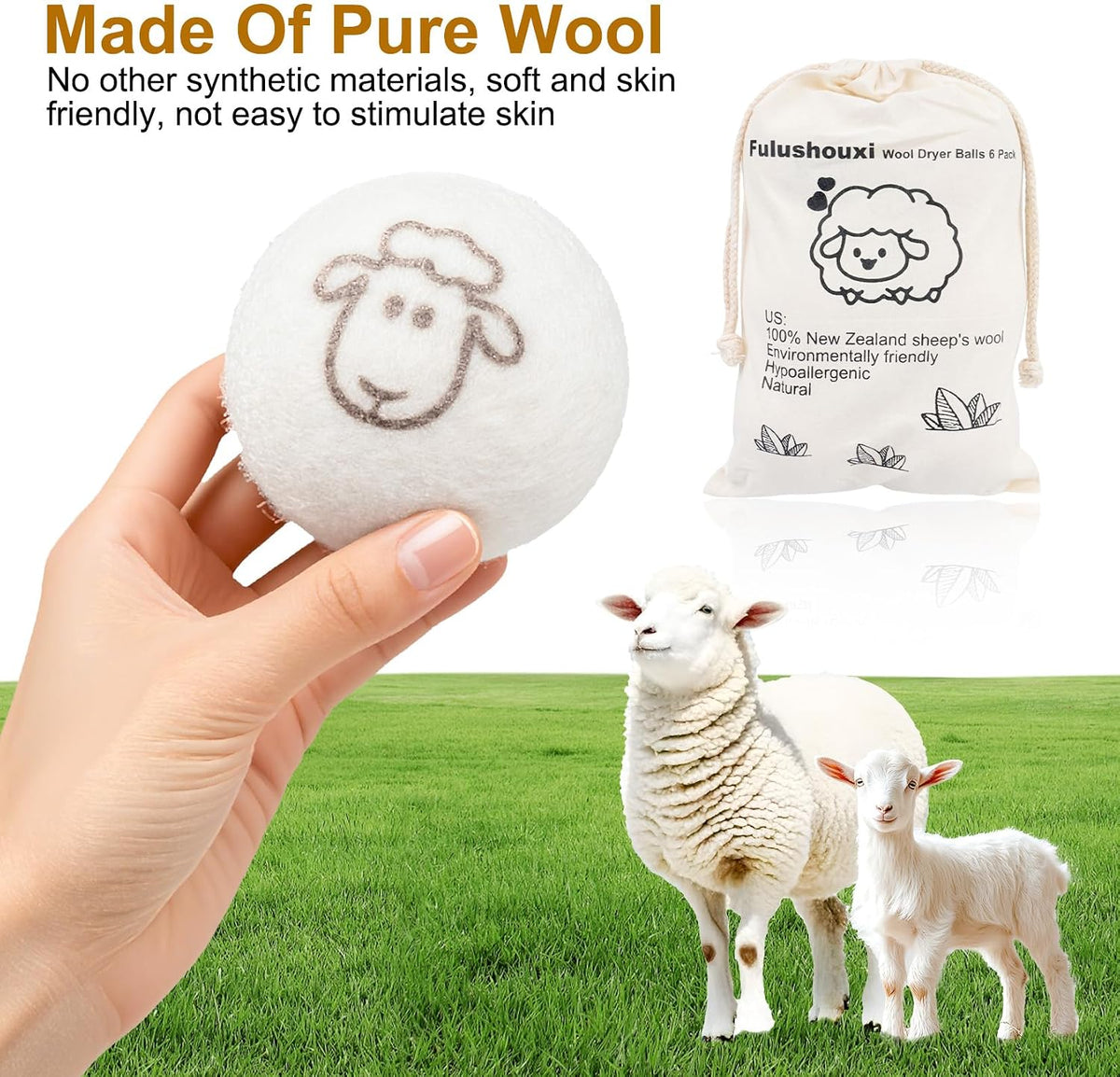 Wool Dryer Balls, Set of 6 with Storage Bag