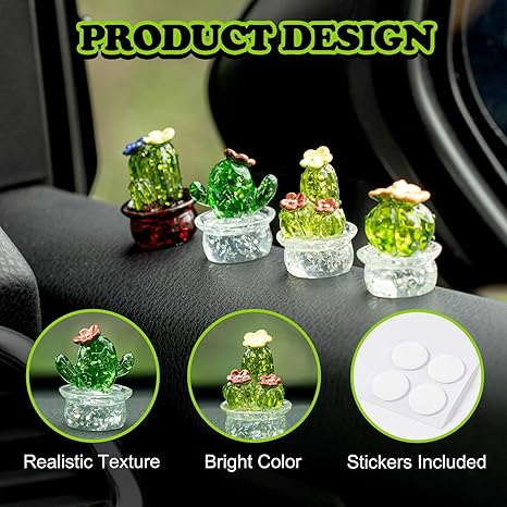 4PCS Crystal Cactus Decor - Cute Car Dashboard Ornaments for Home & Office