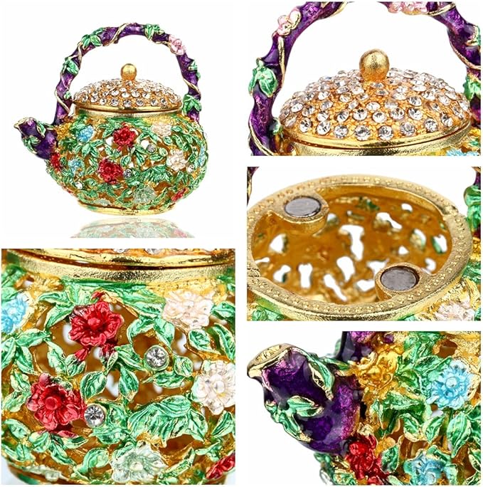 Collage of floral teapot trinket box and decorative detail close-ups