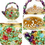 Collage of floral teapot trinket box and decorative detail close-ups