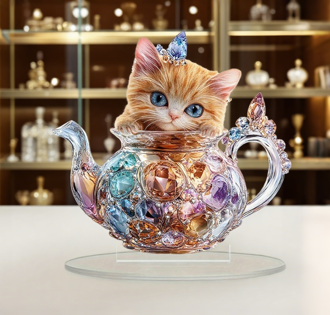 KitTea acrylic ornament showing an orange kitten in a colorful teapot