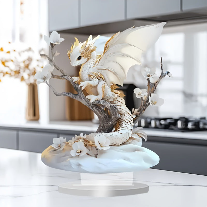 Bohemian Style White Dragon & Peach Blossom 2D Acrylic Decor