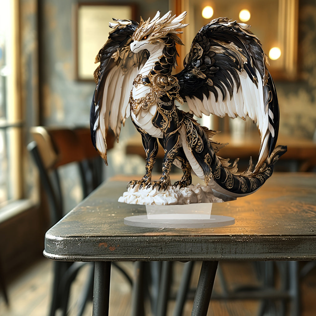 Aurelius 2D acrylic dragon ornament in a warm-toned room setting