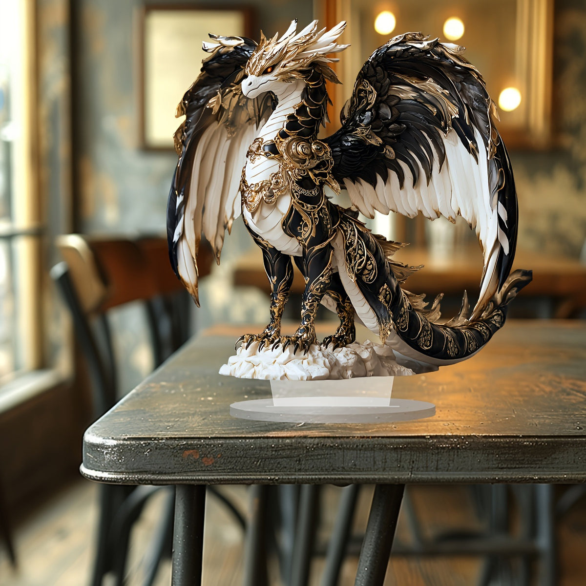 Aurelius 2D acrylic dragon ornament in a warm-toned room setting
