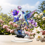 Hummingbird acrylic tabletop ornament styled with flowers