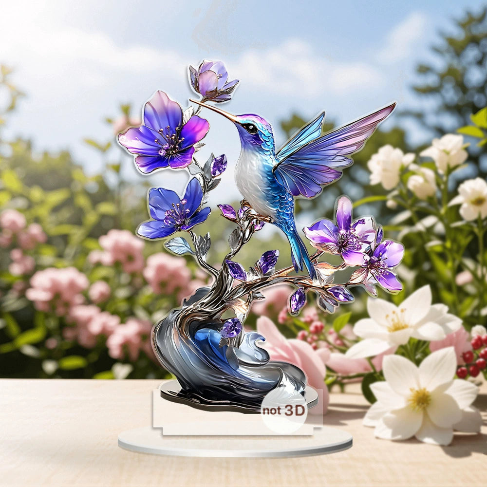 Hummingbird acrylic tabletop ornament styled with flowers