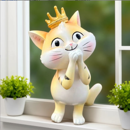 Crown Cat Resin Statue – Cute Praying Cat Garden Decor