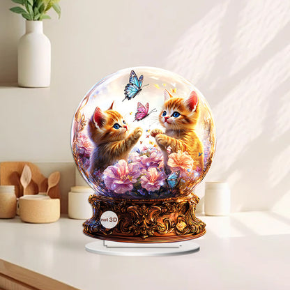 Crystal Ball Ornament with Two Orange Cats – Cute Desktop Butterfly Catching Scene