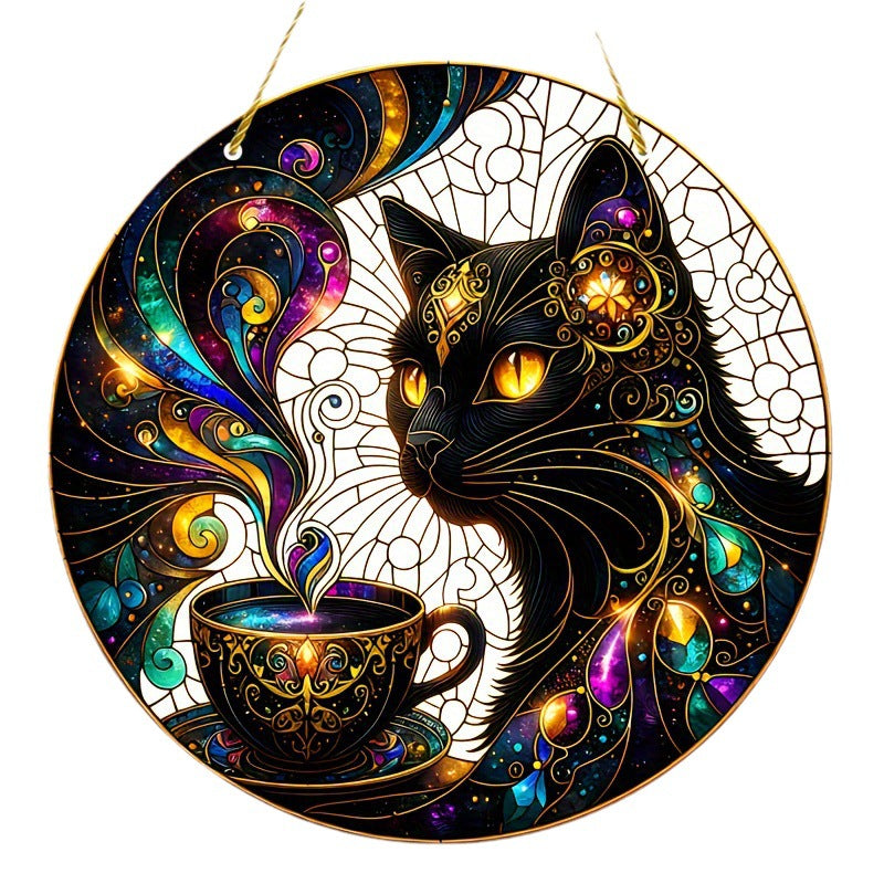 Front view of round MoonCat cat and coffee hanging ornament