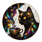 Front view of round MoonCat cat and coffee hanging ornament