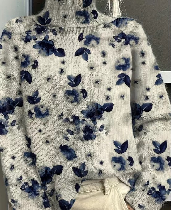 Festive Christmas Print Turtleneck Sweater for Women – Cozy Knit Pullover with Holiday Reindeer & Snowflake Design