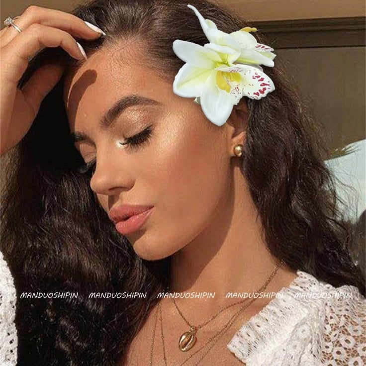 Double Orchid Hairpin Bohemian Holiday Style Hairpin Photo Hair Accessories Shiny Flower Side Clip