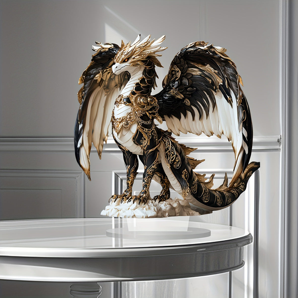 Aurelius black, white, and gold-toned dragon acrylic ornament on a table