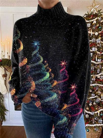 Festive Christmas Print Turtleneck Sweater for Women – Cozy Knit Pullover with Holiday Reindeer & Snowflake Design