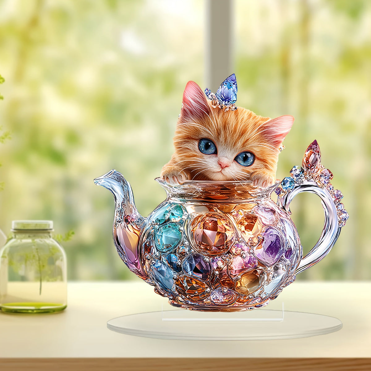 KitTea acrylic cat and teapot display beside a sunny window
