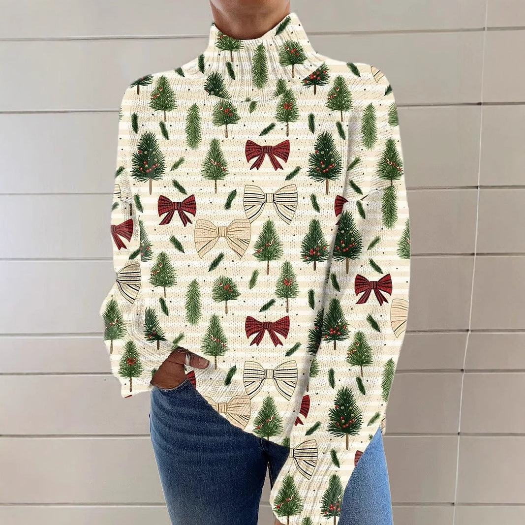 Festive Christmas Print Turtleneck Sweater for Women – Cozy Knit Pullover with Holiday Reindeer & Snowflake Design