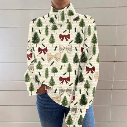 Festive Christmas Print Turtleneck Sweater for Women – Cozy Knit Pullover with Holiday Reindeer & Snowflake Design