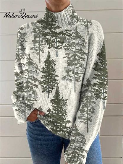 Festive Christmas Print Turtleneck Sweater for Women – Cozy Knit Pullover with Holiday Reindeer & Snowflake Design