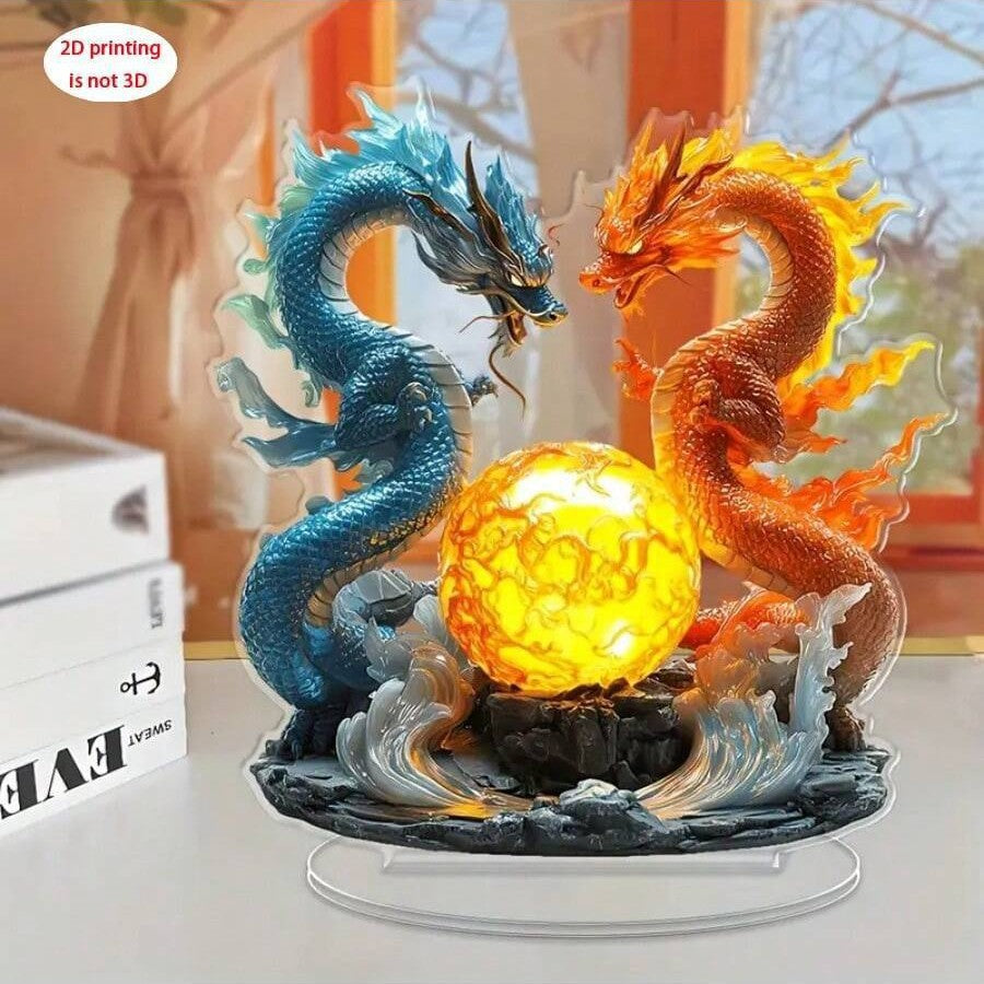 Blaze & Azure Ice & Fire Dragon – 2D Acrylic Tabletop Decor