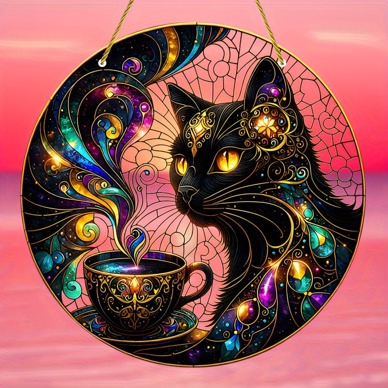 Black cat and coffee cup hanging artwork against a pink sky