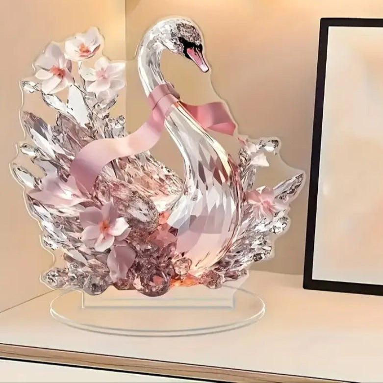 Pink 2D Crystal Swan Sculpture Elegant Acrylic Decorative Ornament