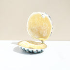 Open shell jewelry box showing its pale yellow interior