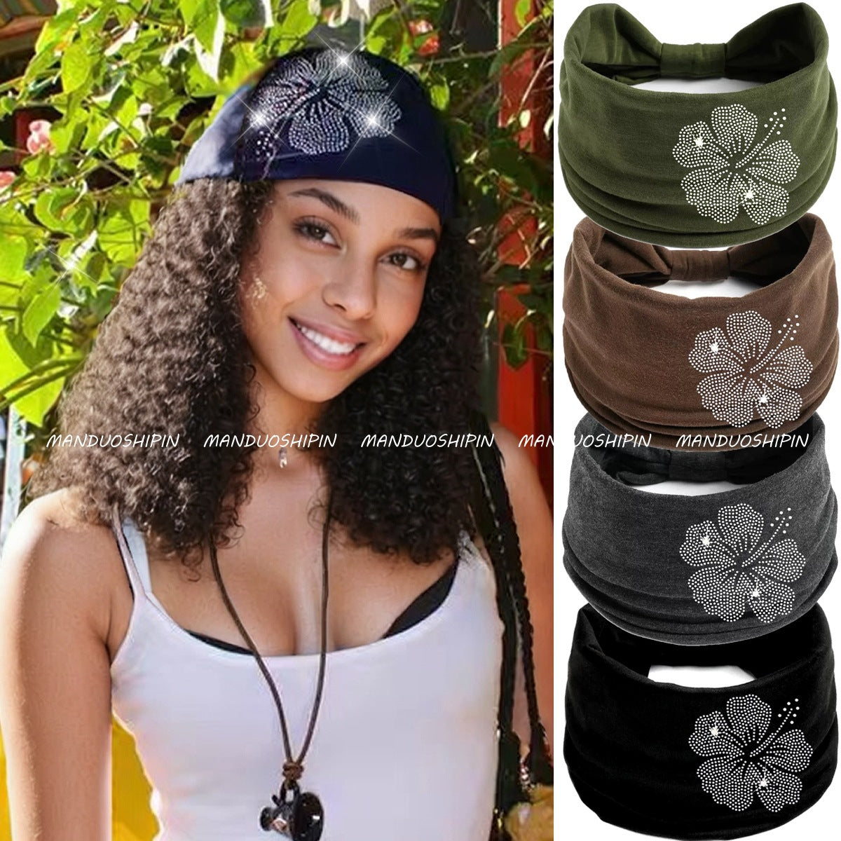 Solid Color Hot Diamond Hibiscus Flower Headband Retro Fashion Accessories