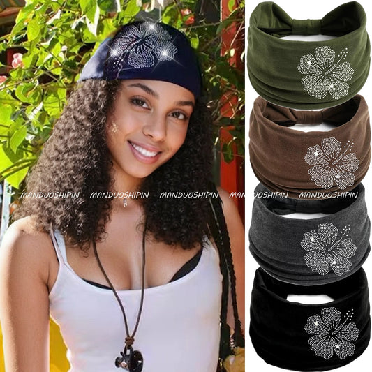 Solid Color Hot Diamond Hibiscus Flower Headband Retro Fashion Accessories