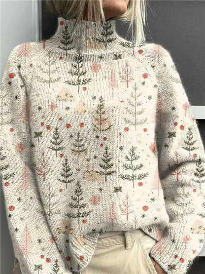 Festive Christmas Print Turtleneck Sweater for Women – Cozy Knit Pullover with Holiday Reindeer & Snowflake Design