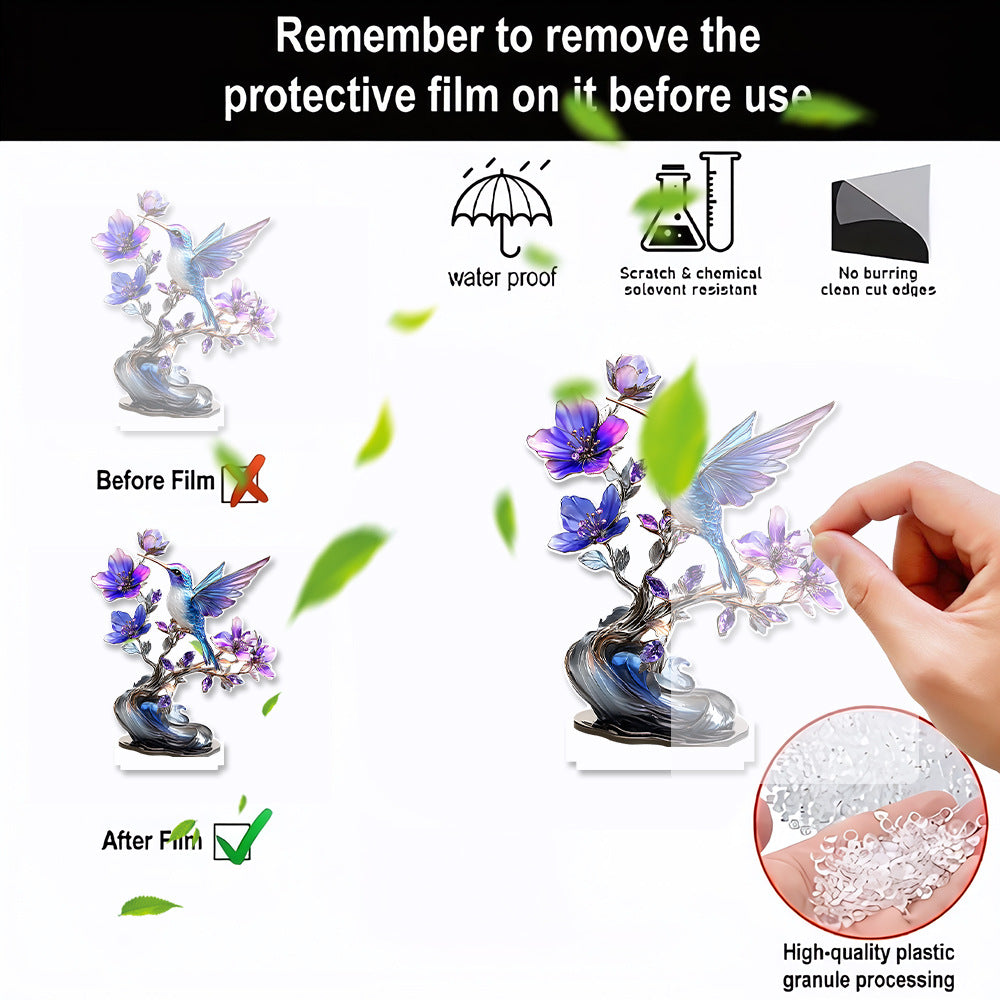 Protective film removal guide for hummingbird acrylic ornament