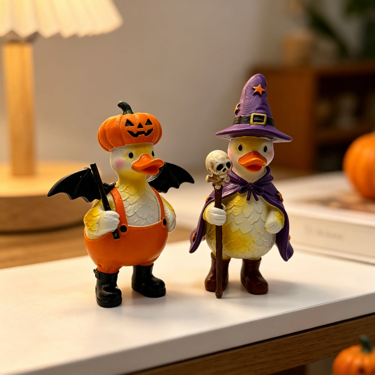 Halloween Duck Figurine Set of 2 – Resin Pumpkin Hat & Witch Duck Desktop Decor