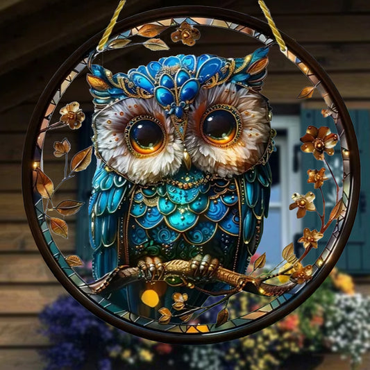 Cyberpunk Owl Sun Catcher - Futuristic Glow-in-the-Dark Acrylic Window Hanging