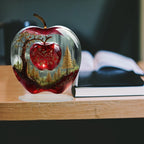 Forest apple tabletop ornament beside an open book