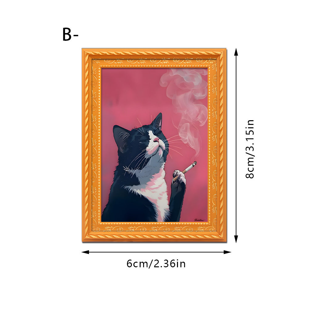 Vintage Screaming Cat Magnetic Frame - Gothic Oil Painting Style Wood