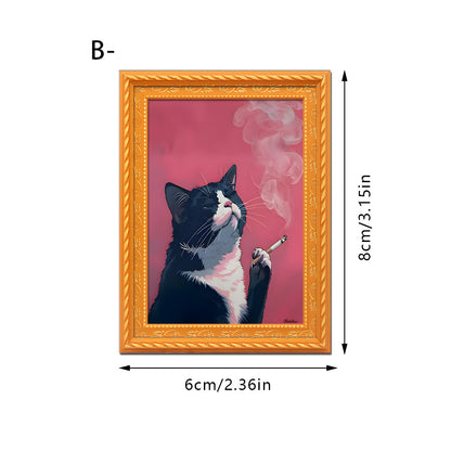 Vintage Screaming Cat Magnetic Frame - Gothic Oil Painting Style Wood