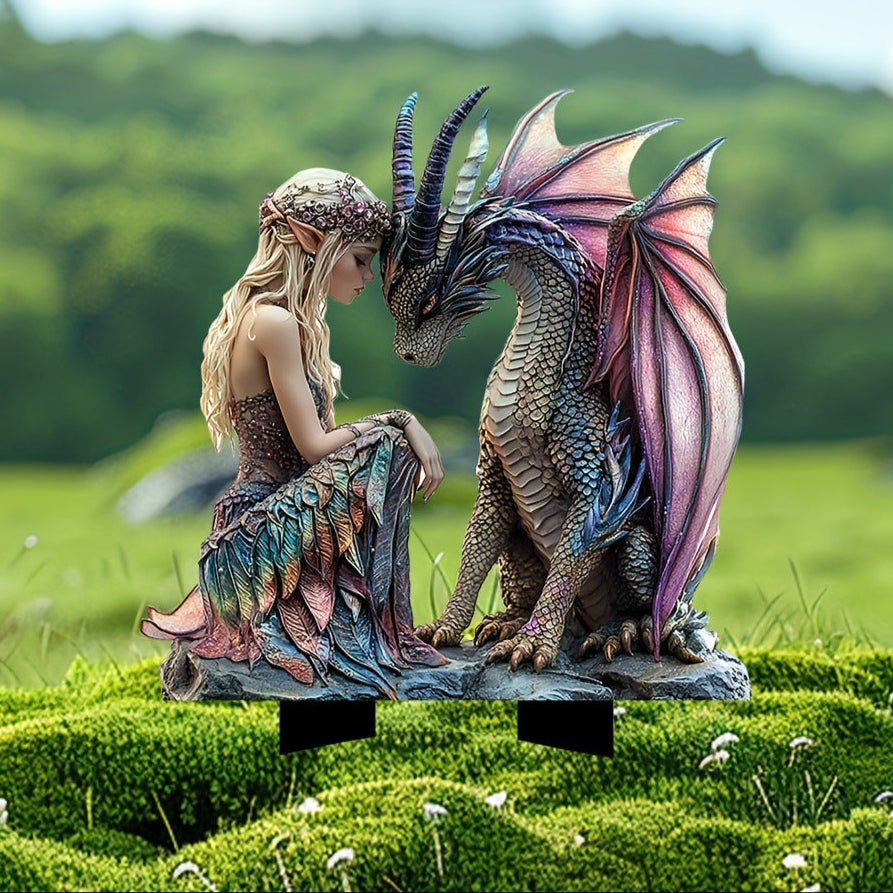 Fairy & Pink Dragon Acrylic Garden Stake – Waterproof Yard Decoration