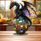 Ebon black dragon acrylic tabletop ornament on a wooden surface